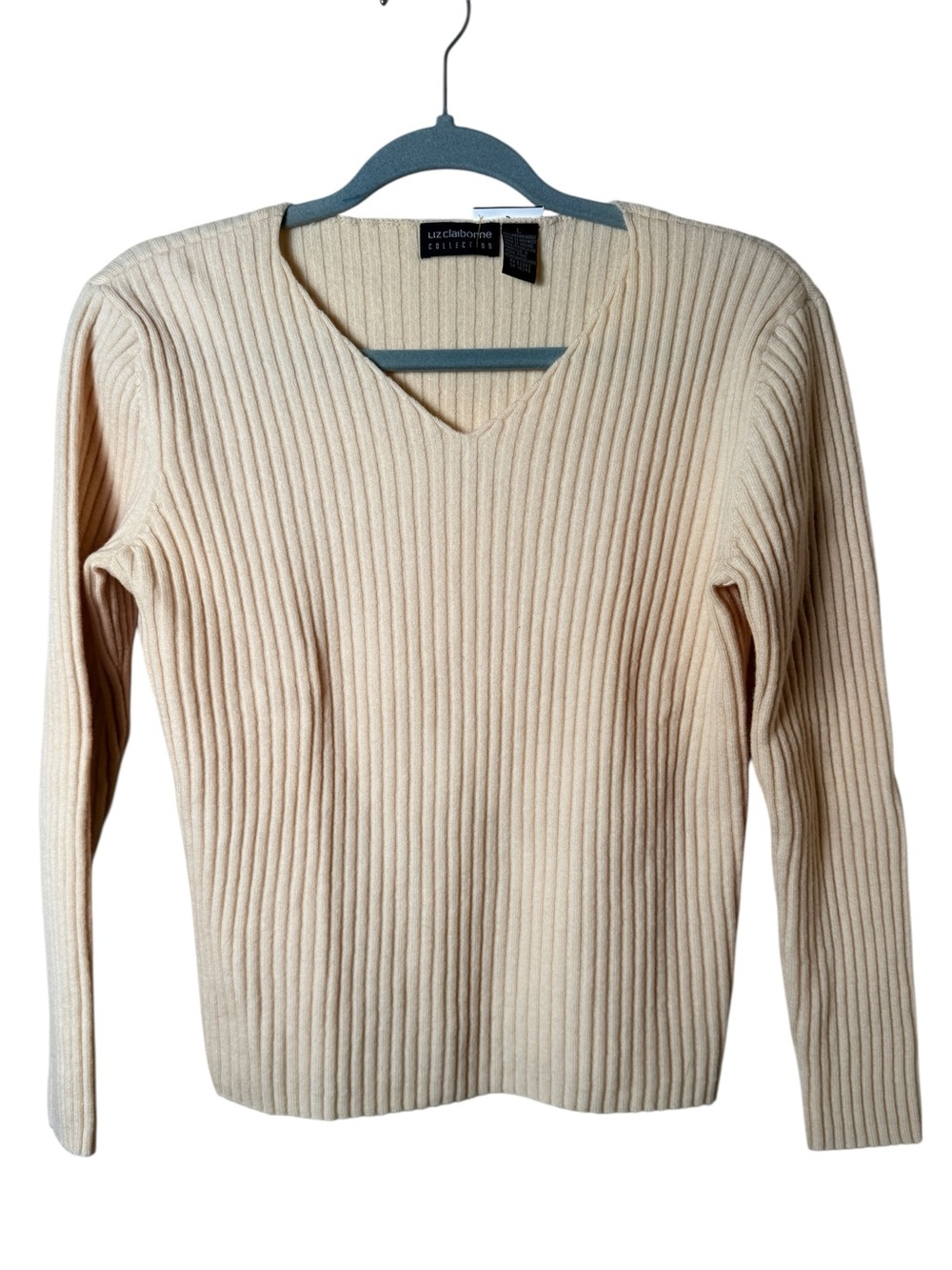 Liz Claiborne Large Merino Wool Cream Ribbed V-Neck Knit Sweater